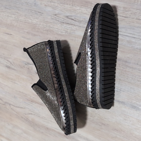 Metallic crystal gemstone slip-on sneakers loafers black silver sz 6 - 6.5 - Picture 3 of 6